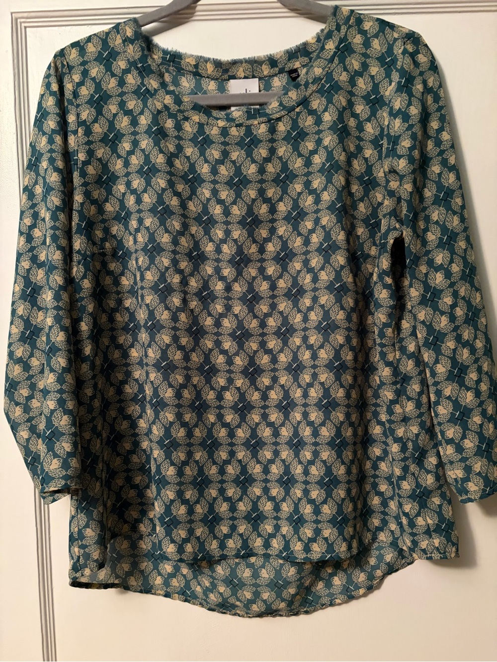 CAbi Teal and Cream Floral Print Blouse